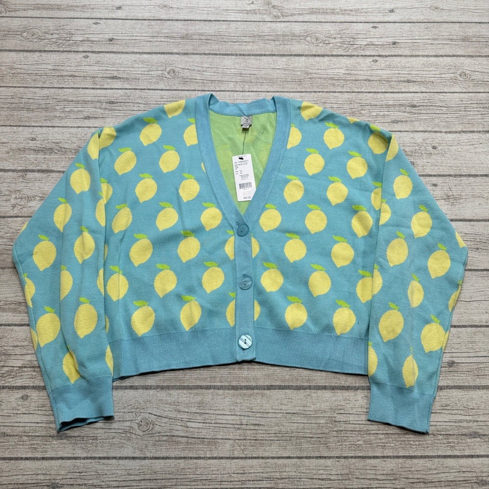 NEW Tristan Sweater Women's XL Blue Yellow Lemon Fruit Knitted Cropped Cardigan